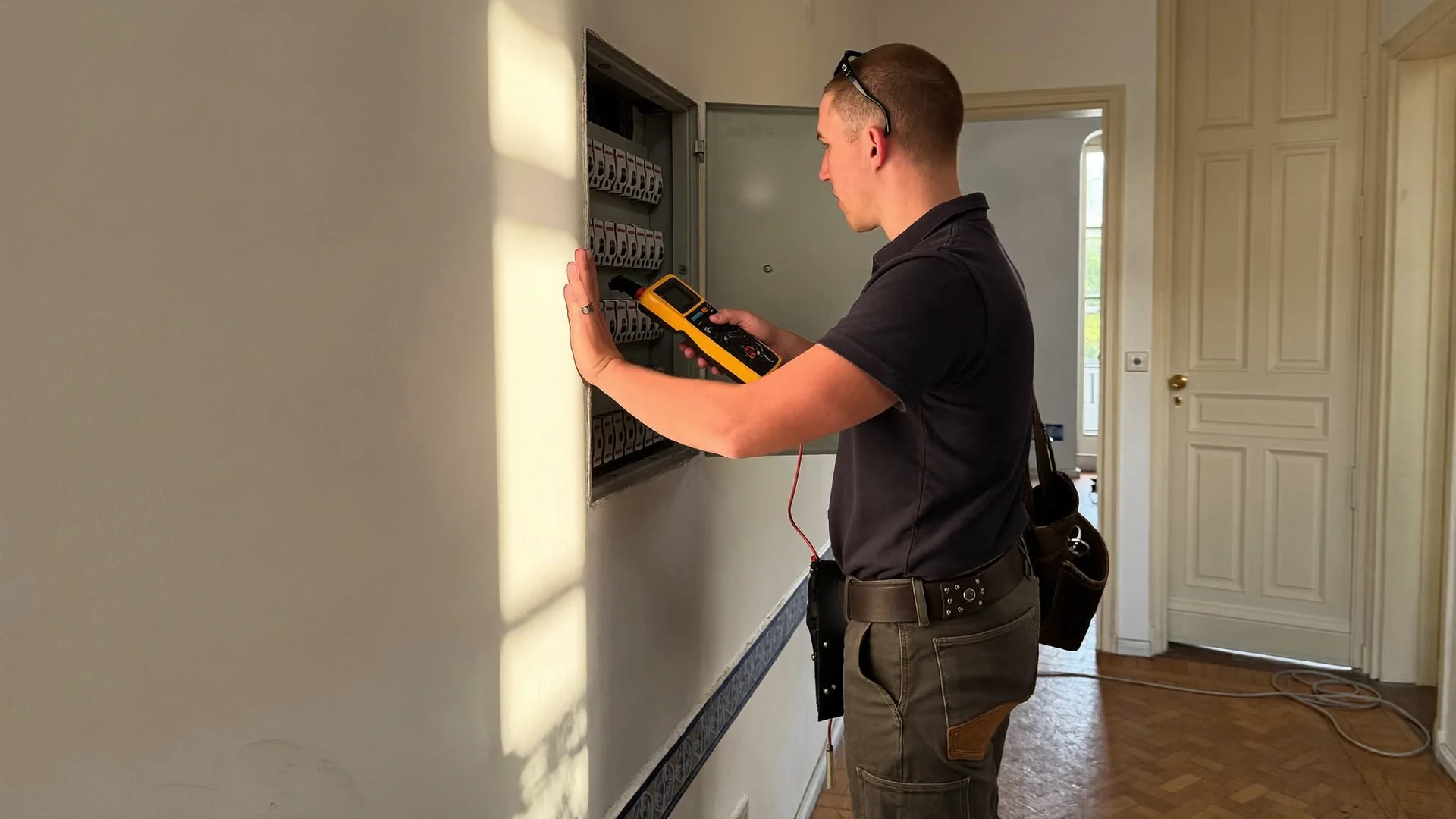 Electrician in work clothing testing an open consumer unit in a sunlit Lisbon hallway